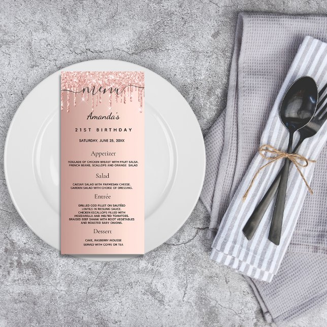 Birthday Menu rose gold glitter drips monogram (Creator Uploaded)