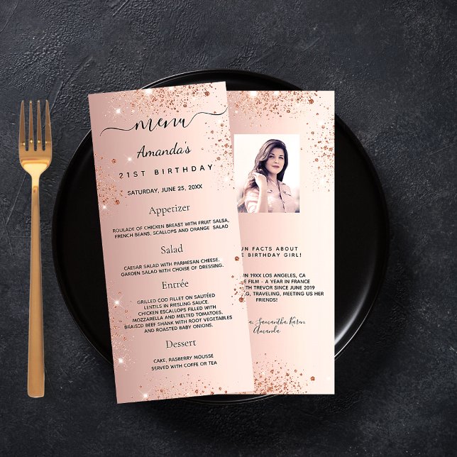 Birthday Menu rose gold glitter photo fun facts (Creator Uploaded)