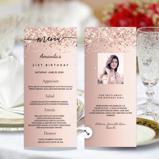 Birthday Menu rose gold glitter photo fun facts (Creator Uploaded)