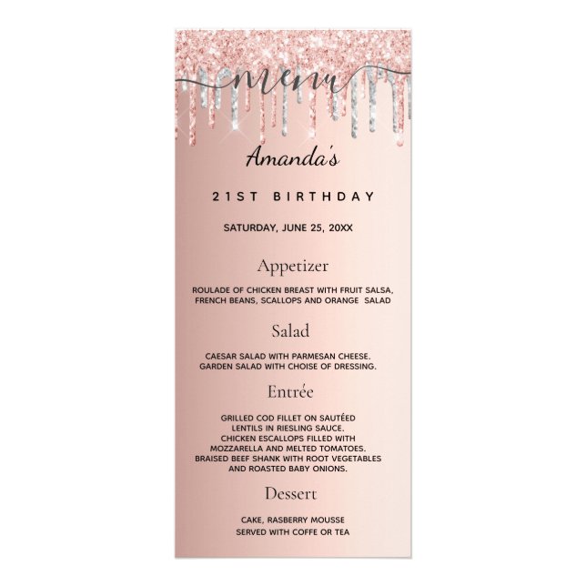 Birthday Menu rose gold glitter silver fun facts (Front)