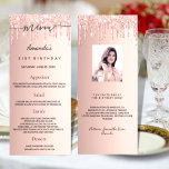 Birthday Menu rose gold photo fun facts<br><div class="desc">Birthday party menu card.  Personalize and add a name,  age,  date and the menu. Rose gold colored background,  decorated with drips.  Black colored letters.
Back: add a photo of the birthday girl,  fun facts and names.</div>