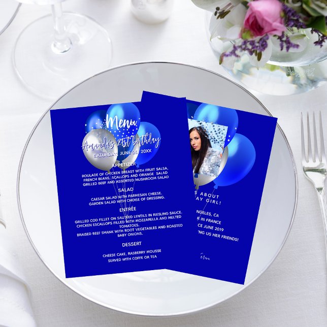 Birthday menu royal blue white balloons fun facts (Creator Uploaded)