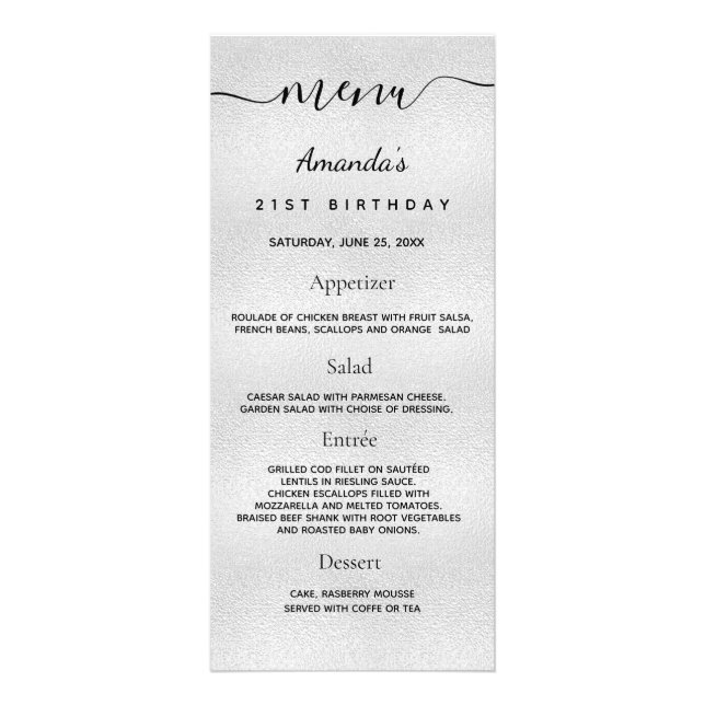 Birthday Menu silver photo fun facts (Front)