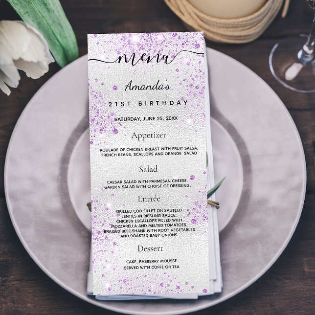Birthday Menu silver purple metal monogram (Creator Uploaded)