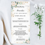 Birthday Menu white floral eucalyptus glitter<br><div class="desc">Birthday party menu card.  Personalise and add a name,  age,  date and the menu. A chic white background,  decorated with faux gold glitter dust,  white florals,  and eucalyptus greenery .  Black coloured letters.</div>