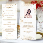 Birthday Menu white gold glitter photo fun facts<br><div class="desc">Birthday party menu card.  Personalise and add a name,  age,  date and the menu. A chic white background,  decorated with faux gold glitter dust.  Golden coloured letters.
Back: add a photo of the birthday girl,  fun facts and names.</div>