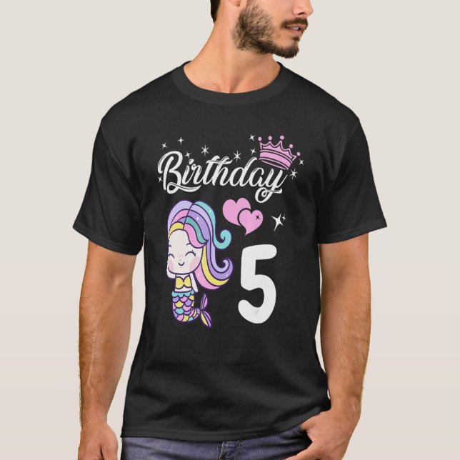 Birthday Mermaid Girl 5 Year Old Themed Mermaid Bi T-Shirt (Front)