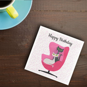 Birthday Mid Century Modern Elegant Cats Pink Napkin