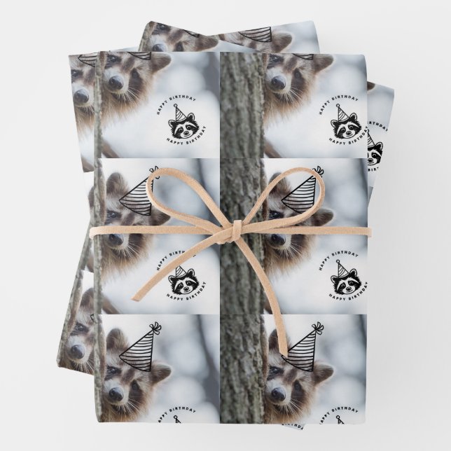 Birthday Mischief: Adorable Racoon Celebration Wrapping Paper Sheet (In situ)