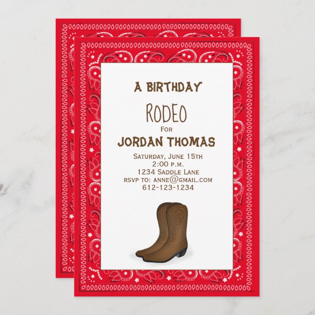 Birthday Modern Cute Red Bandanna Cowboy Boots Invitation (Front/Back)