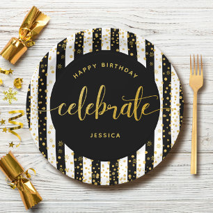 Birthday modern gold type glitter dots black white paper plate