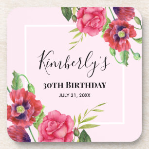 Birthday Modern Red Pink Flowers on Light Pink Coaster