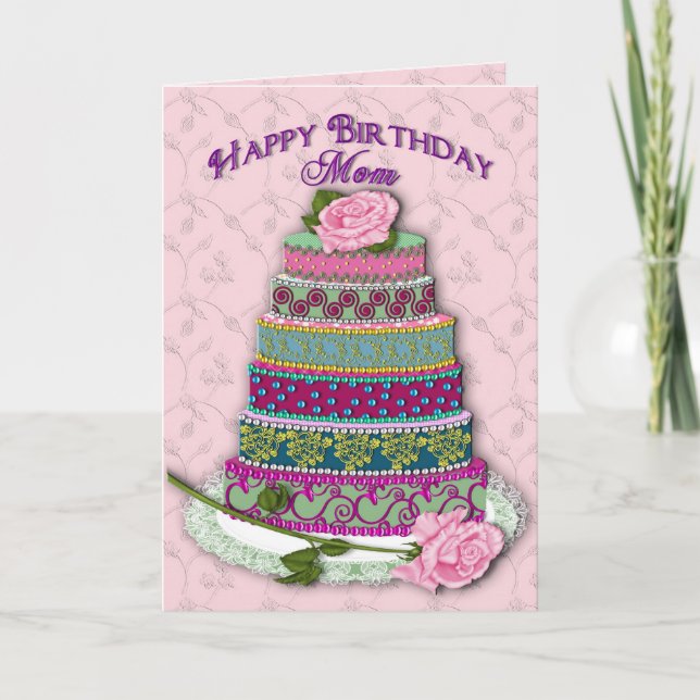 BIRTHDAY - MOM - TIERD BIRTHDAY CAKE ROSES CARD (Front)