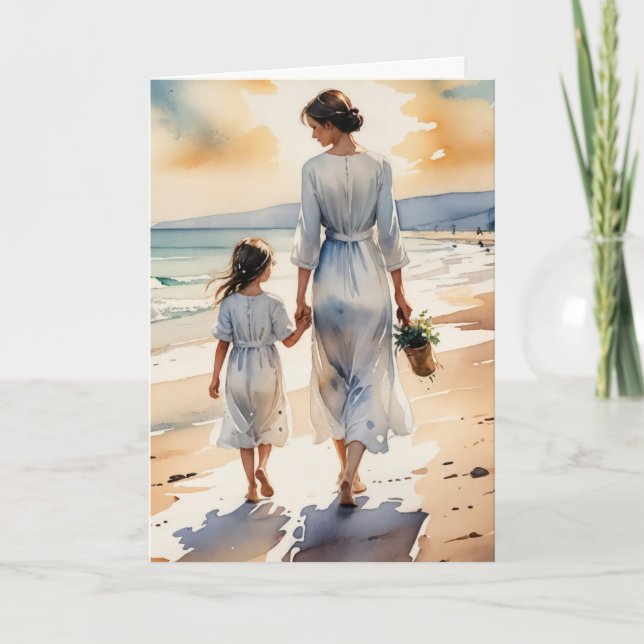 Birthday Mother and Daughter Walking the Beach Card (Front)