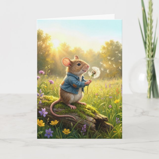 Birthday Mouse Blowing Dandelion Seedlings Card (Front)