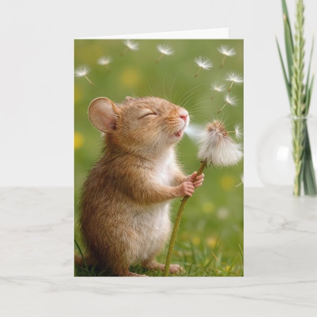 Birthday Mouse Blowing Dandelion Seedlings Card (Front)