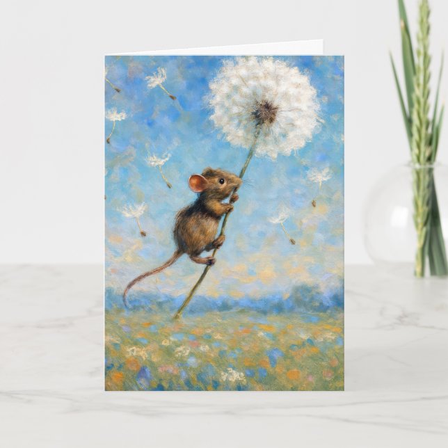 Birthday Mouse Floating On a Fluffy Dandelion Card (Front)