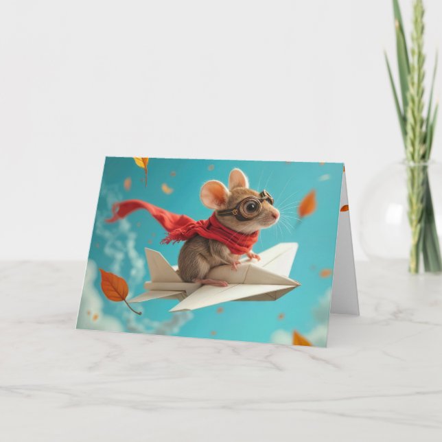 Birthday Mouse Flying a Paper Aeroplane Card (Front)