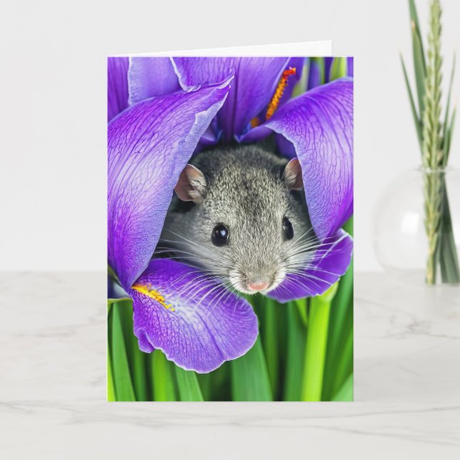 Birthday Mouse In Iris Flower Card (Front)