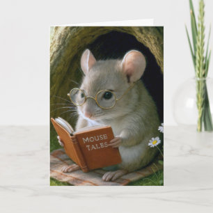 Birthday Mouse Reading a Book In Tree Hole Card