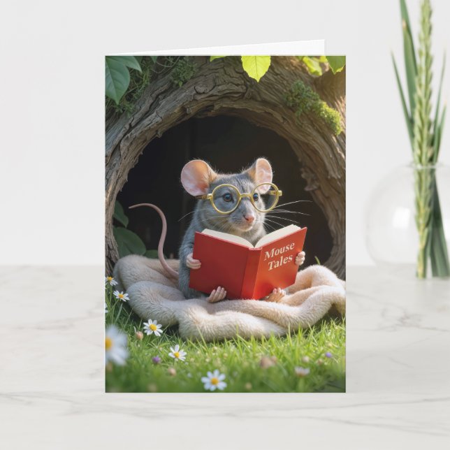 Birthday Mouse Reading a Red Book On a Blanket Card (Front)