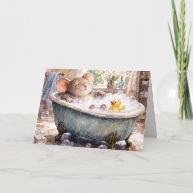 Birthday Mouse Taking a Bubble Bath Card (Front)