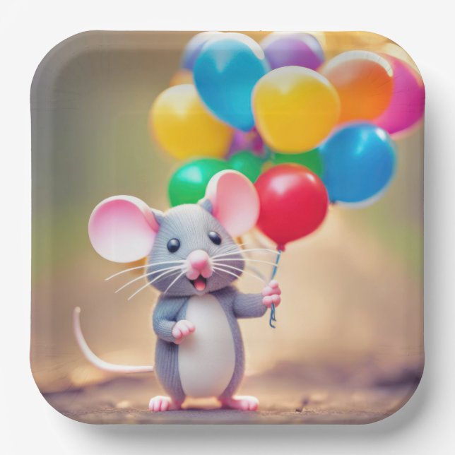 Birthday Mouse With Balloons Paper Plate (Front)