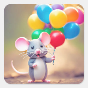 Birthday Mouse With Balloons Square Sticker