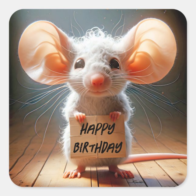 Birthday Mouse With Cardboard Sign Square Sticker (Front)