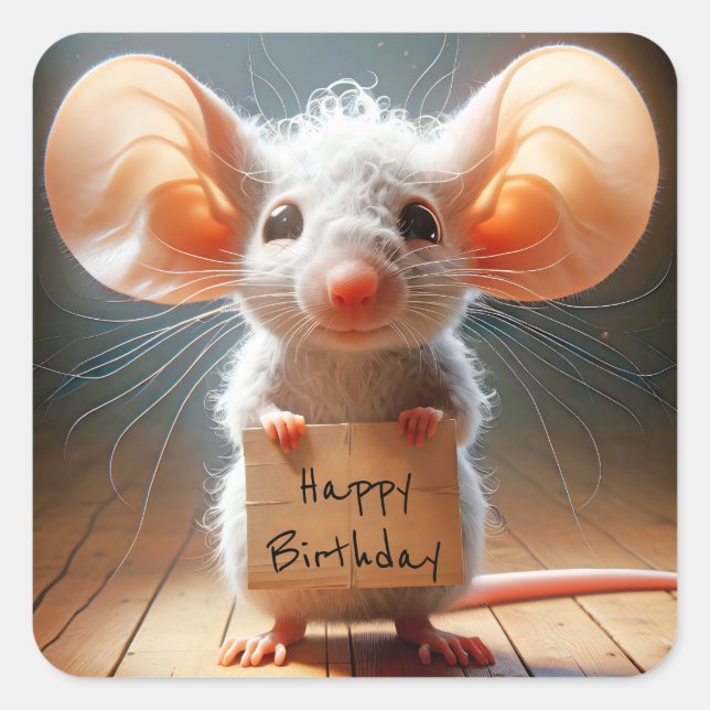 Birthday Mouse With Cardboard Sign Square Sticker (Front)
