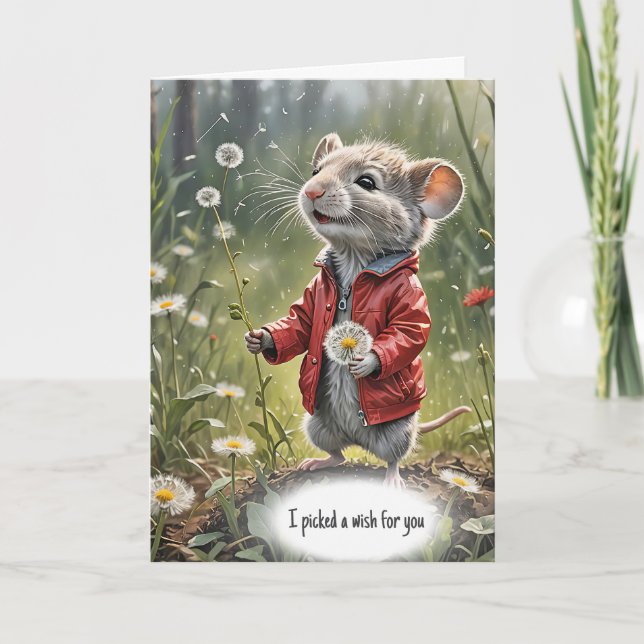 Birthday Mouse With Dandelion Card (Front)
