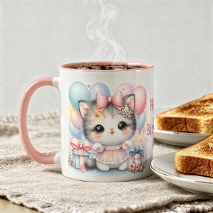 Birthday Mug with Kitten and Balloons