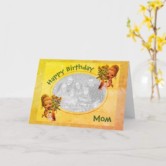 Birthday Mum Puppies Personalised Photo Card (Yellow Flower)