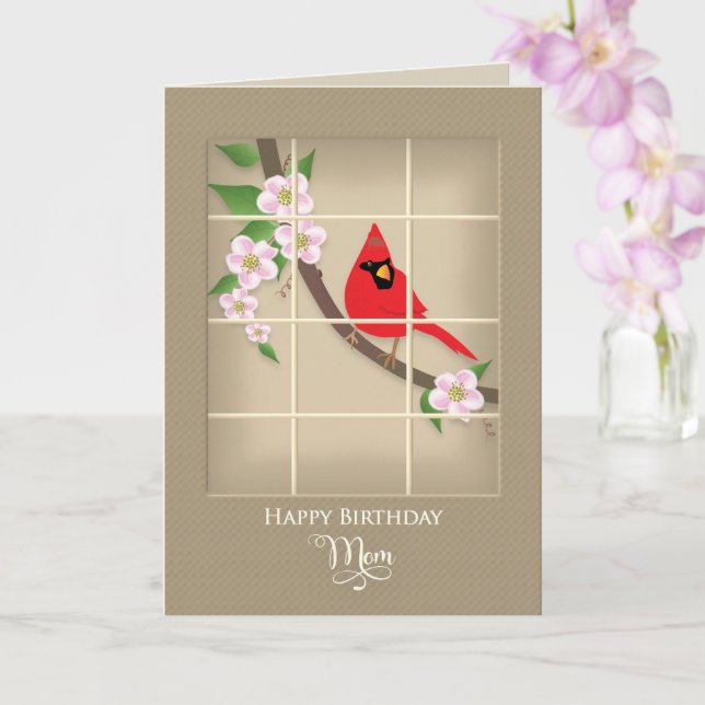 Birthday, Mum, Red Cardinal/Apple Blossoms Card (Orchid)