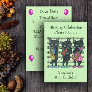 Birthday Musician Black Cats Sheet Music Green Invitation