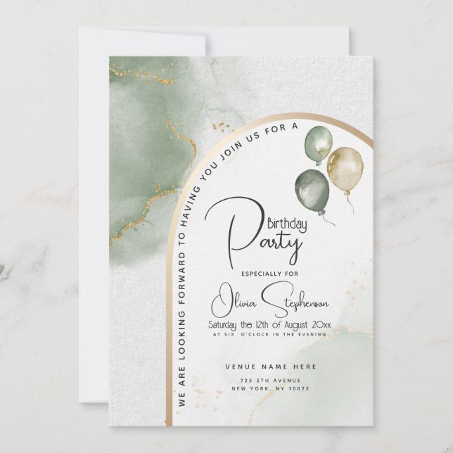 Birthday | Muted Sage Abstract Marble Invitation (Front)