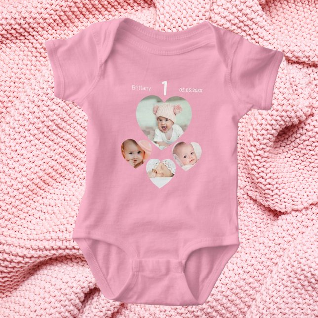 Birthday name age photo collage baby girl pink baby bodysuit (Creator Uploaded)
