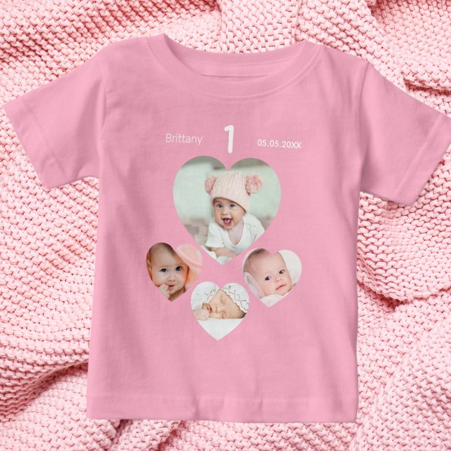 Birthday name age photo collage baby girl pink T-Shirt (Creator Uploaded)
