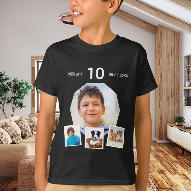 Birthday name age photo collage boy black T-Shirt (Creator Uploaded)