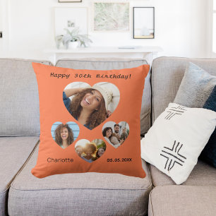 Birthday name age photo heart collage coral orange cushion