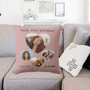 Birthday name age photo heart collage dusty rose cushion