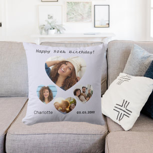 Birthday name age photo heart collage lavender cushion