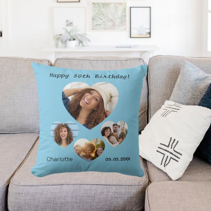 Birthday name age photo heart collage sky blue cushion