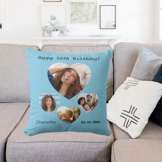 Birthday name age photo heart collage sky blue cushion (Creator Uploaded)
