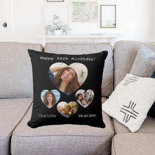 Birthday name age photo heart collage woman black cushion