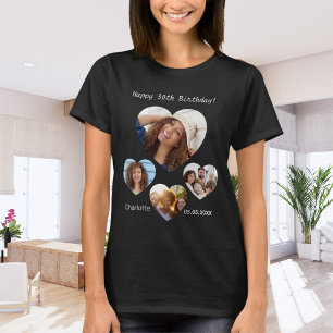 Birthday name age photo heart collage woman black T-Shirt