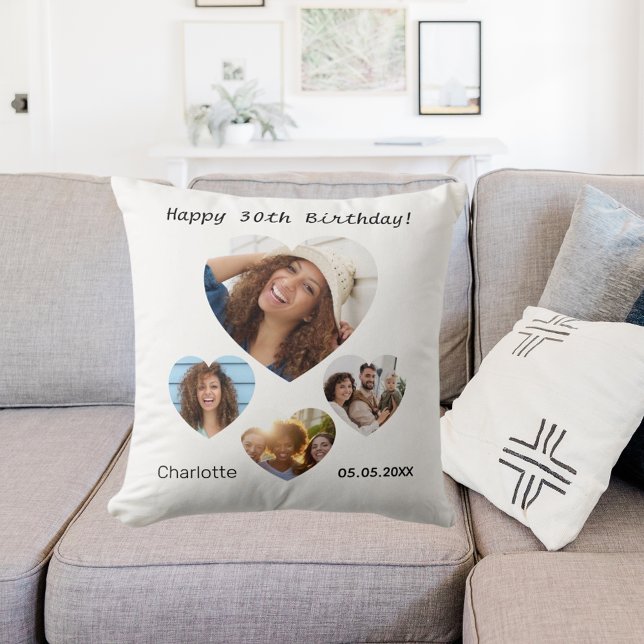 Birthday name age photo heart collage woman cushion (Creator Uploaded)