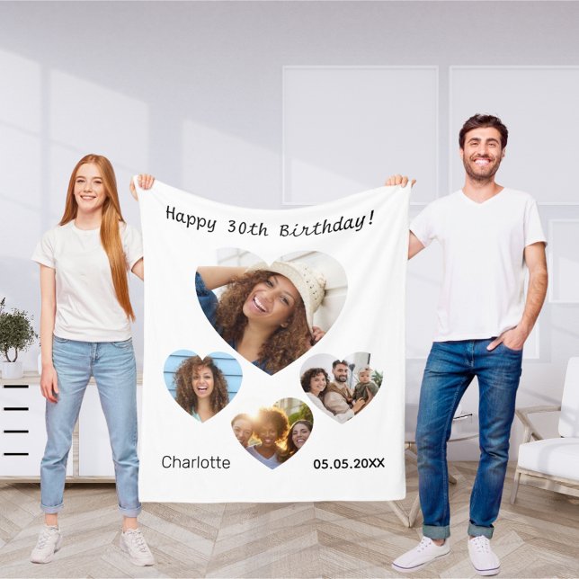 Birthday name age photo heart collage woman fleece blanket (Creator Uploaded)