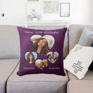 Birthday name age photo heart collage woman purple cushion
