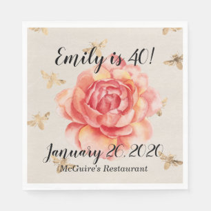 Birthday Name/Date Big Rose Golden Bees Paper Napkin
